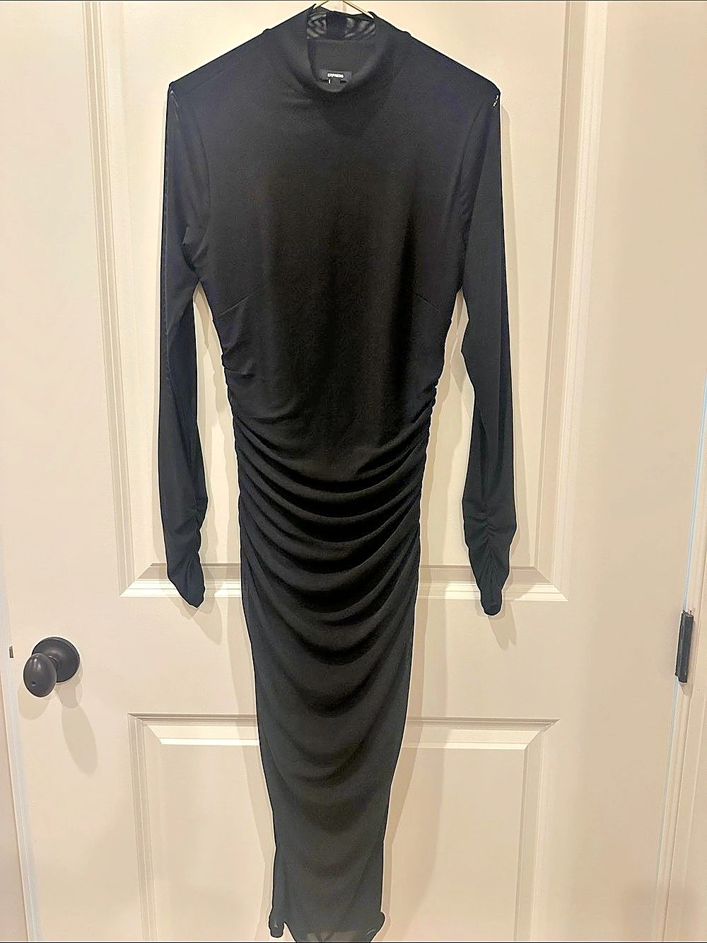 Express Ruched Long Sleeve Maxi Dress in Black Size Small